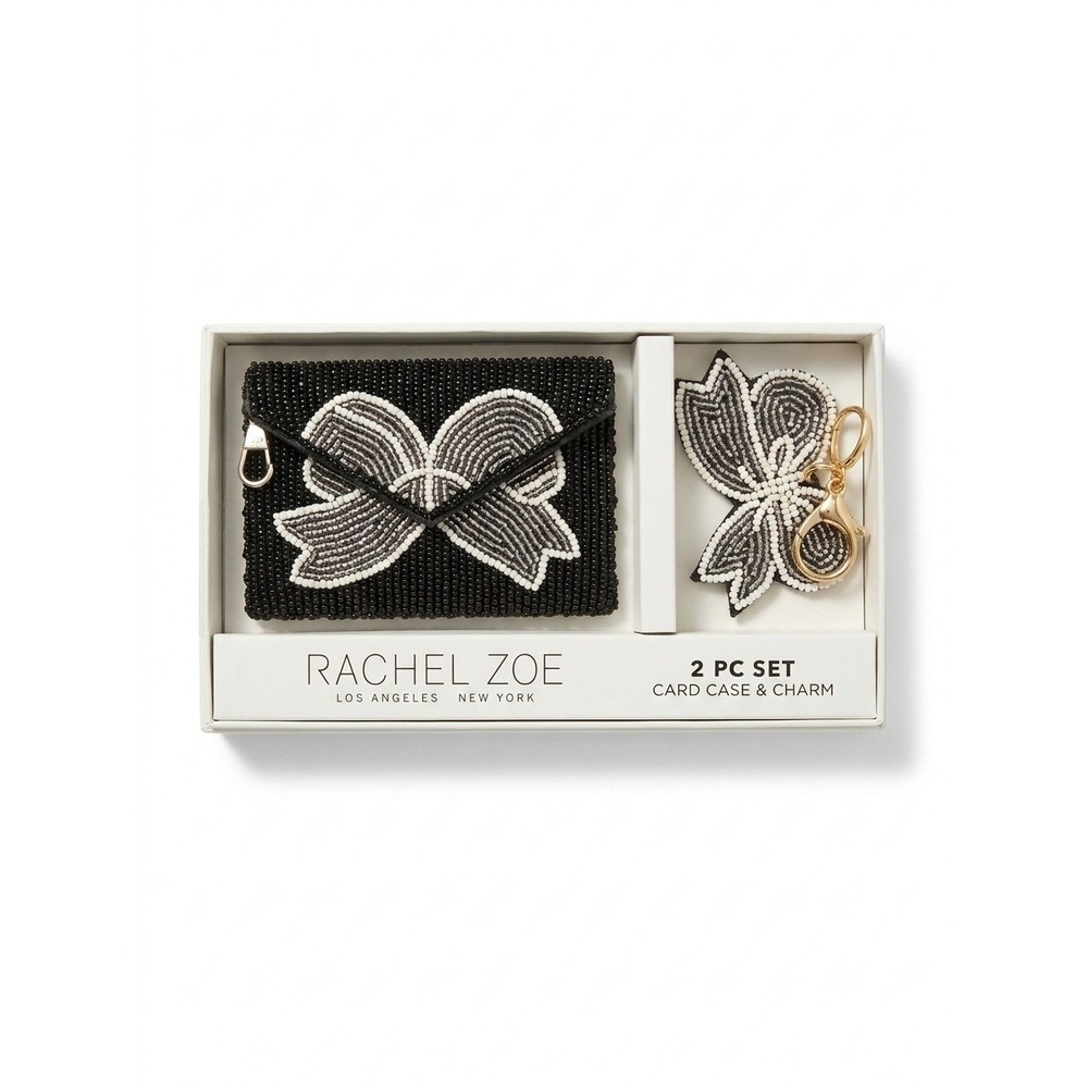 Rachel Zoe Black Beaded‎ Bow Card Case and Bag Charm 2 Pc Gift Set New In Box